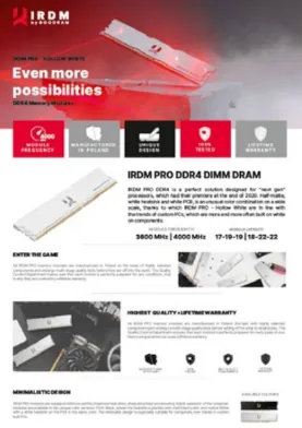 Karta marketingowa IRDM PRO DDR4 DIMM DRAM w wersji przed odświeżeniem, z czerwonym nagłówkiem i szarymi kaflami