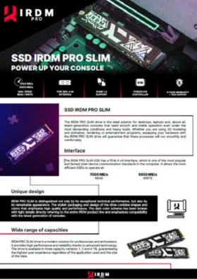 Karta marketingowa SSD IRDM PRO SLIM po odświeżeniu: ciemny nagłówek, ikony parametrów i czarne bloki sekcji