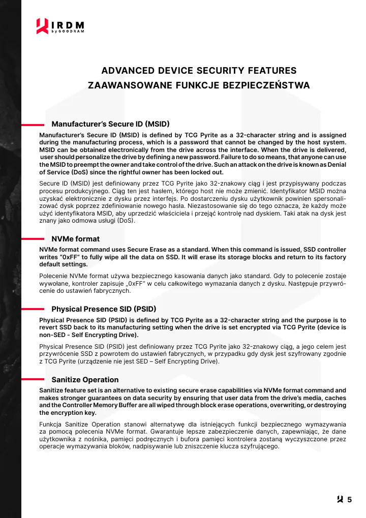 Strona 5 przewodnika: zaawansowane funkcje bezpieczeństwa, definicje MSID, NVMe format, PSID i Sanitize Operation po angielsku i po polsku