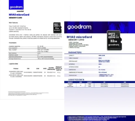 Karta produktu Goodram M1A0 microCard: z tyłu stara wersja, z przodu nowa z granatowym nagłówkiem i tabelą parametrów