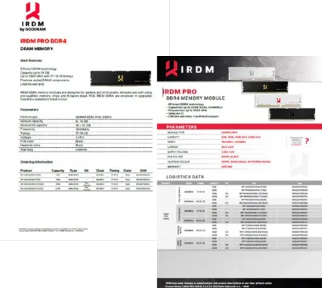 Karta produktu IRDM PRO DDR4: z tyłu stara wersja, z przodu nowa z ciemnym nagłówkiem i czerwonymi akcentami
